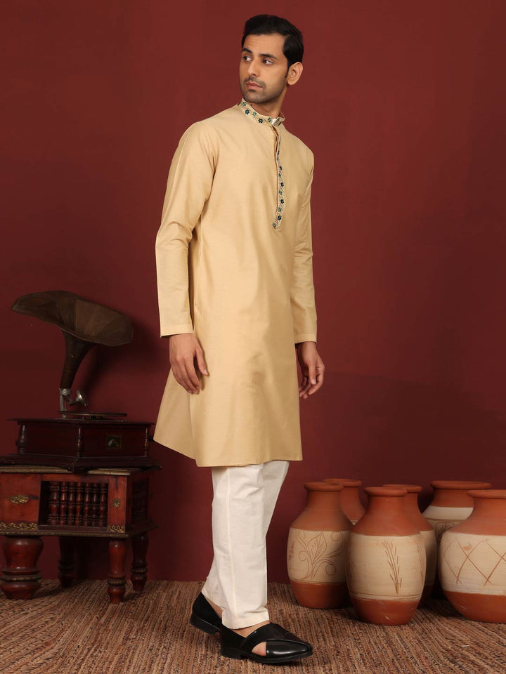 Tan Color Delux Cotton Straight Kurta with Embroidered Neck