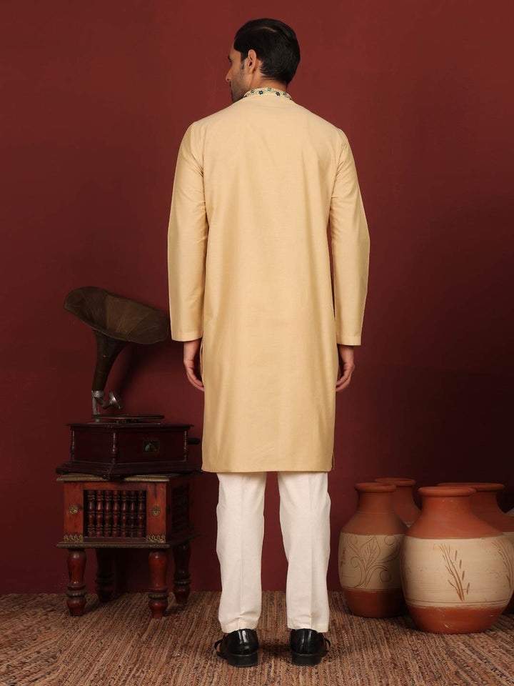 Tan Color Delux Cotton Straight Kurta with Embroidered Neck