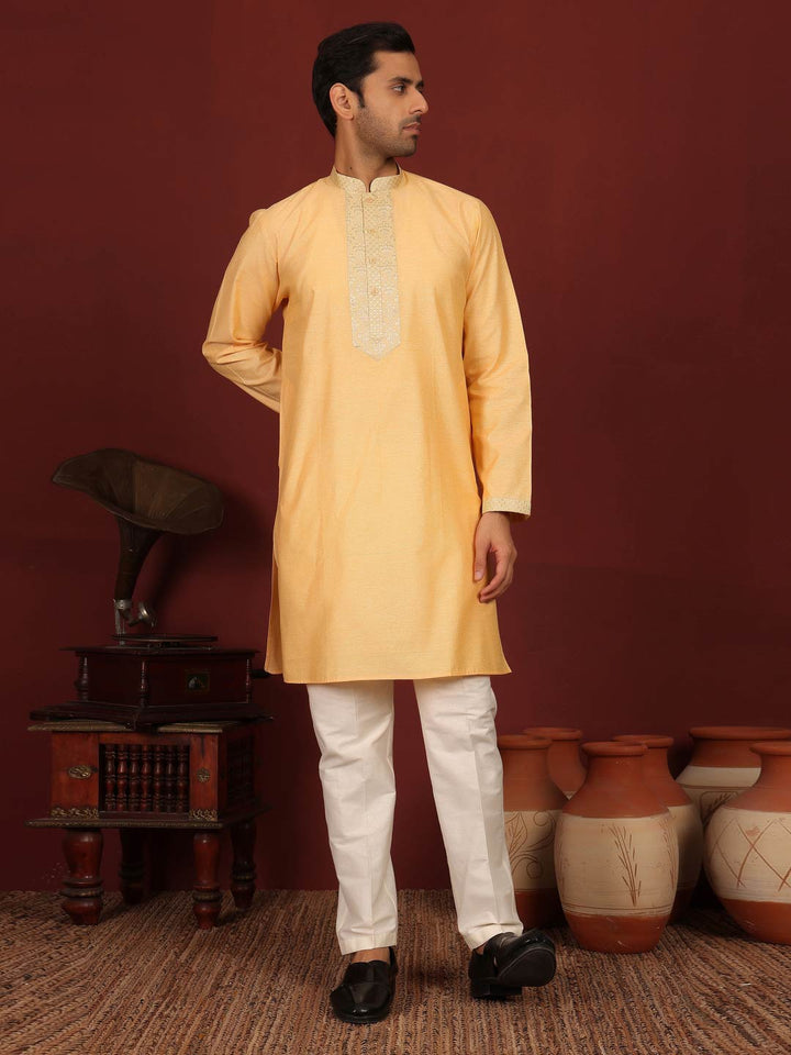 Light Orange Delux Cotton Straight Kurta with Jacquard Neck Design