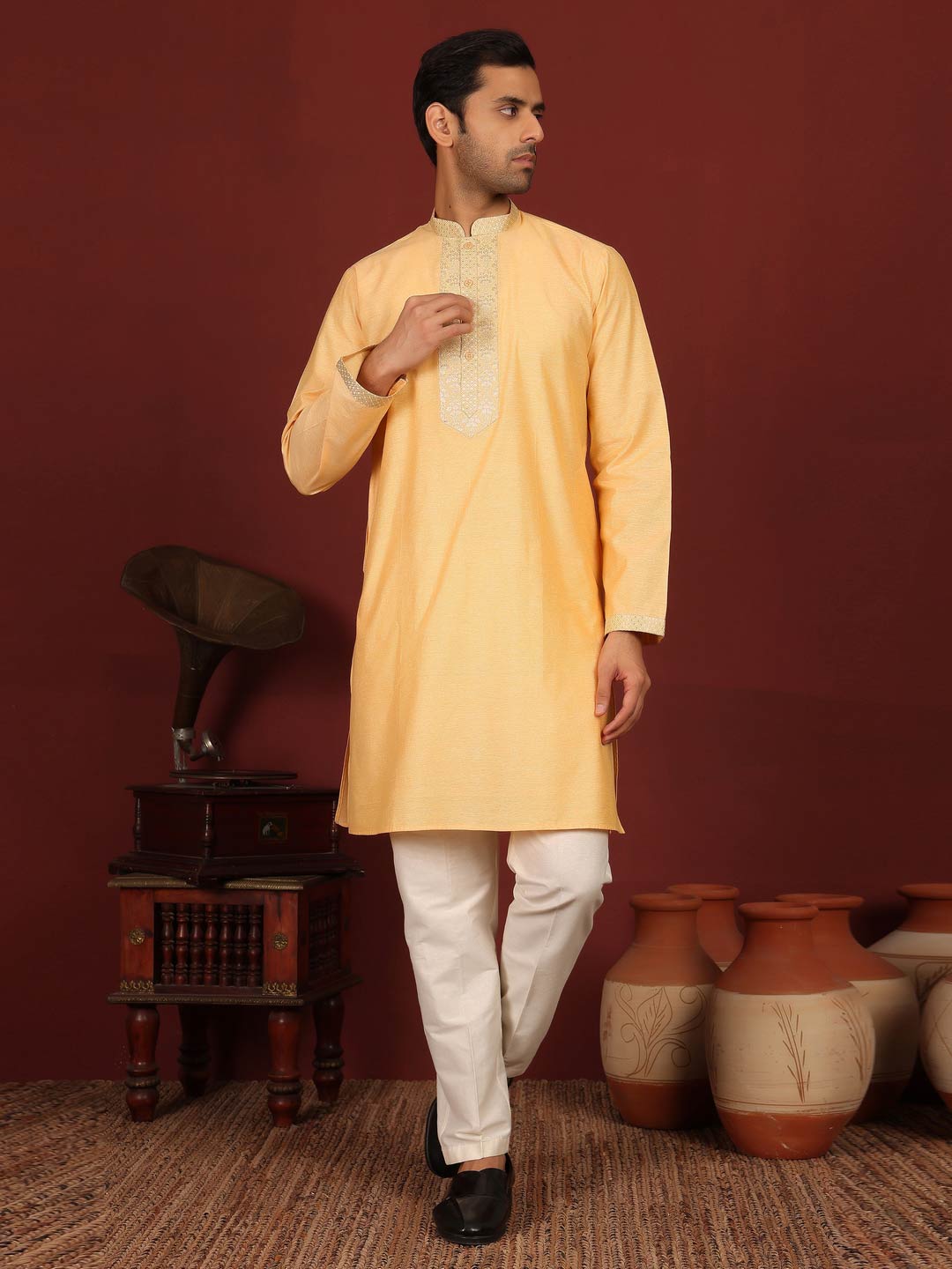 Light Orange Delux Cotton Straight Kurta with Jacquard Neck Design