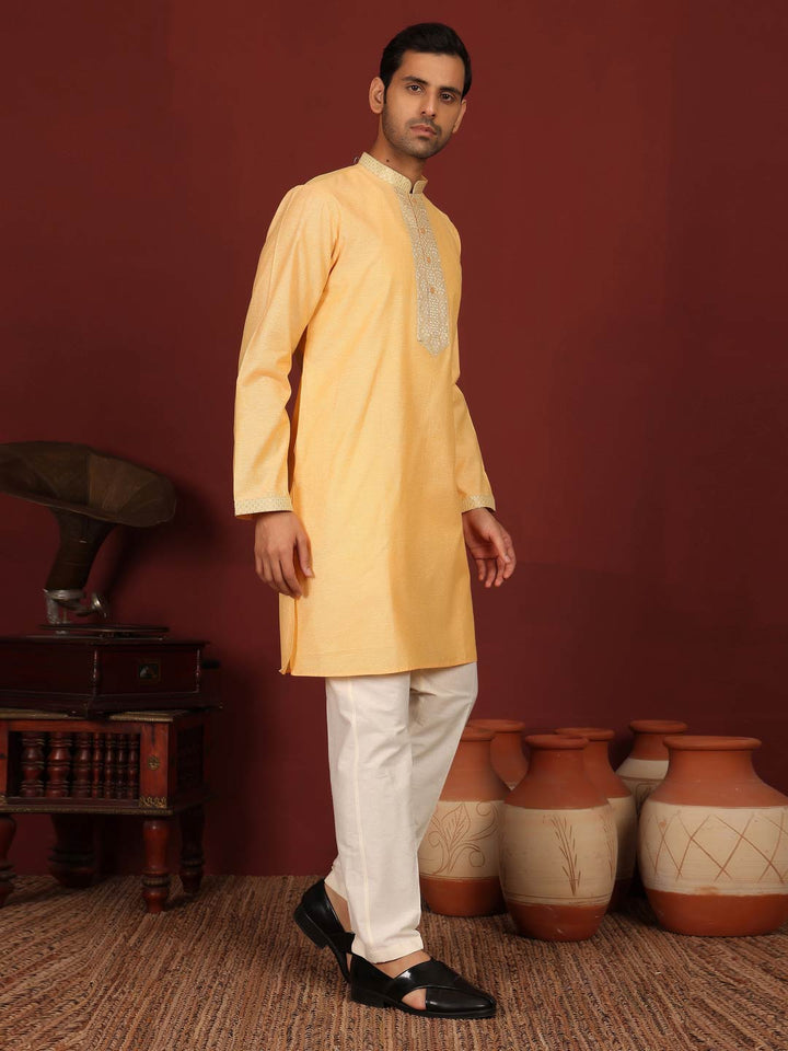 Light Orange Delux Cotton Straight Kurta with Jacquard Neck Design