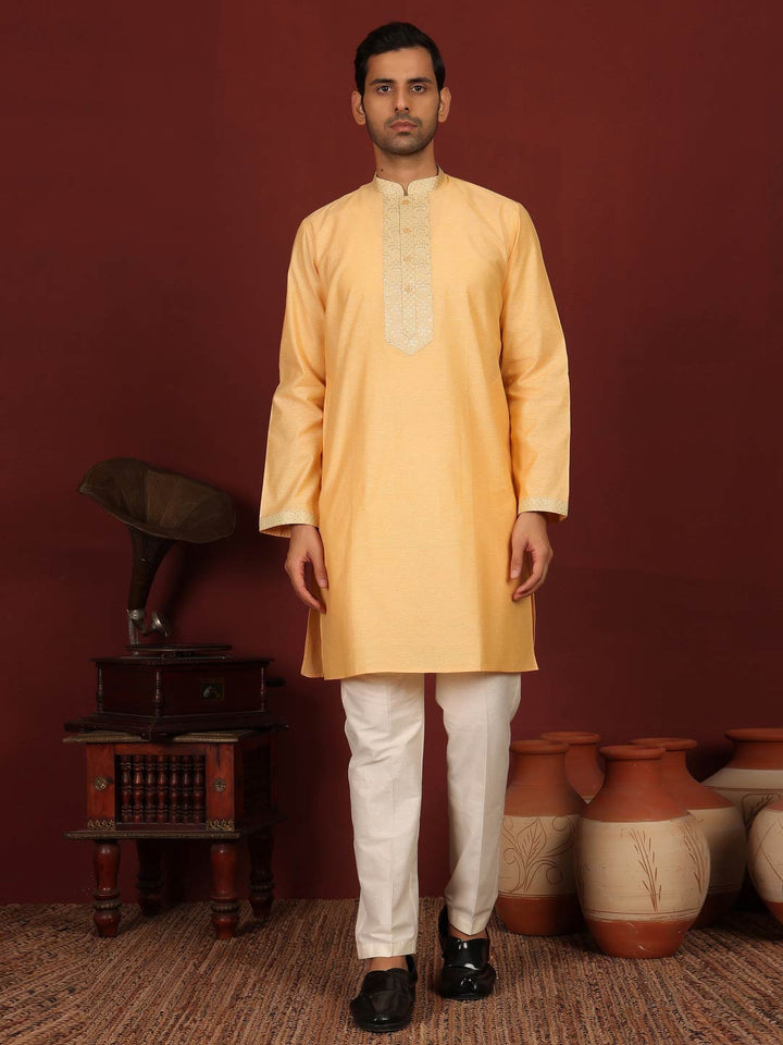 Light Orange Delux Cotton Straight Kurta with Jacquard Neck Design