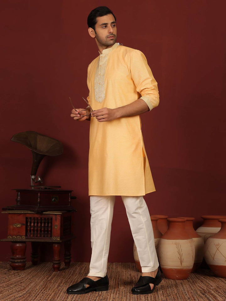 Light Orange Delux Cotton Straight Kurta with Jacquard Neck Design