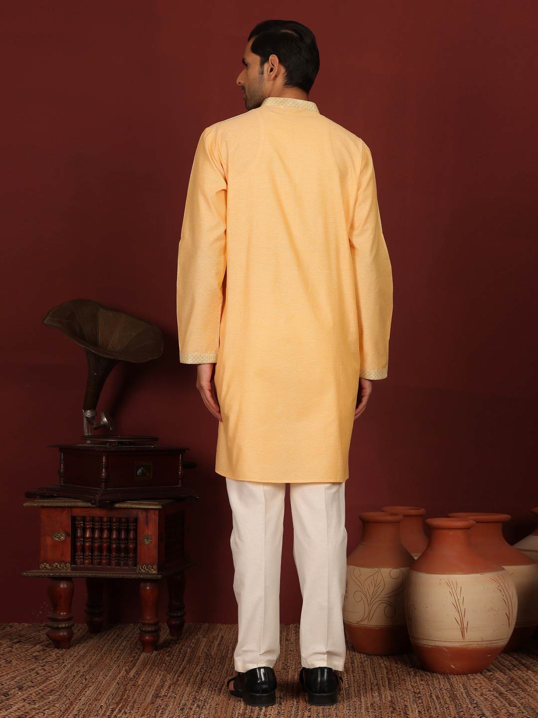 Light Orange Delux Cotton Straight Kurta with Jacquard Neck Design