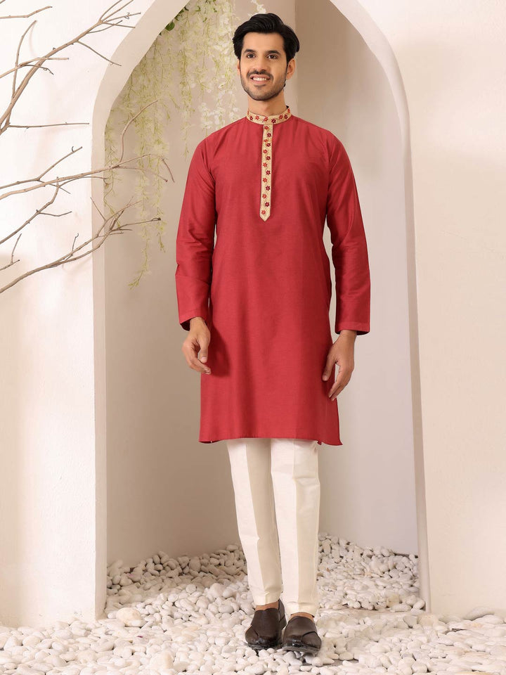 Red Color Delux Cotton Straight Kurta with Embroidered Neck