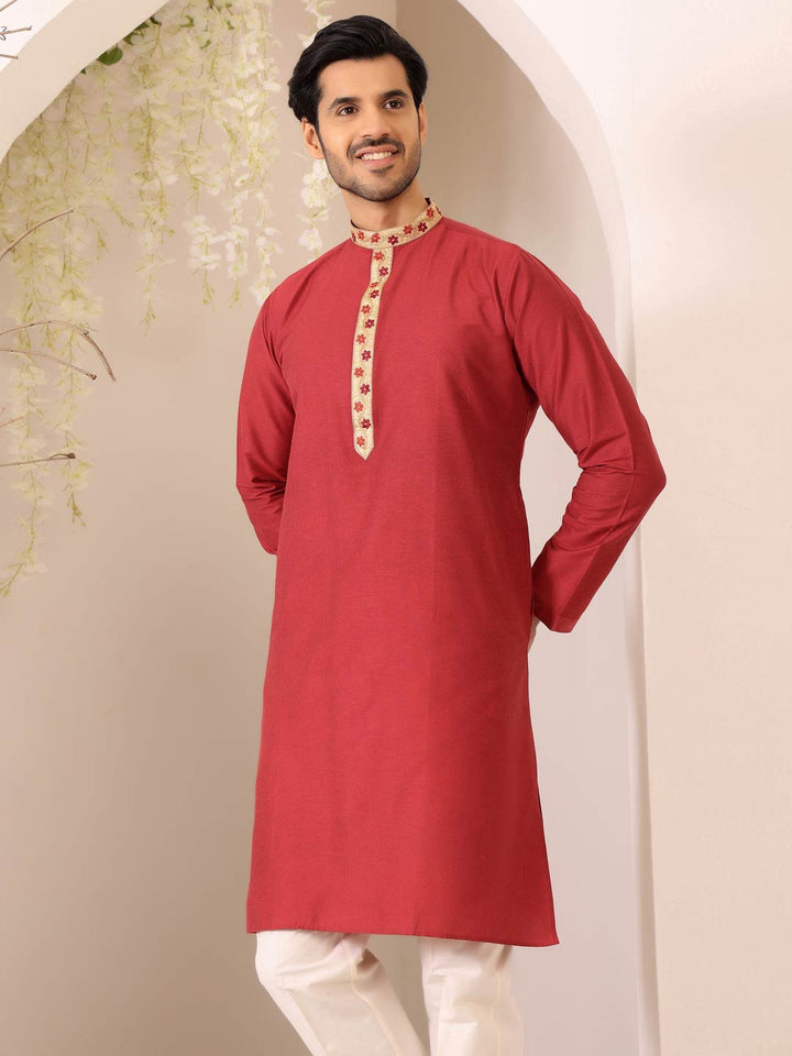 Red Color Delux Cotton Straight Kurta with Embroidered Neck
