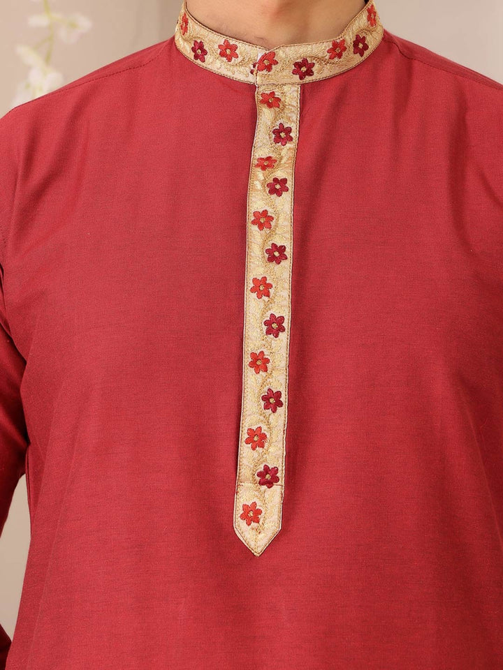 Red Color Delux Cotton Straight Kurta with Embroidered Neck