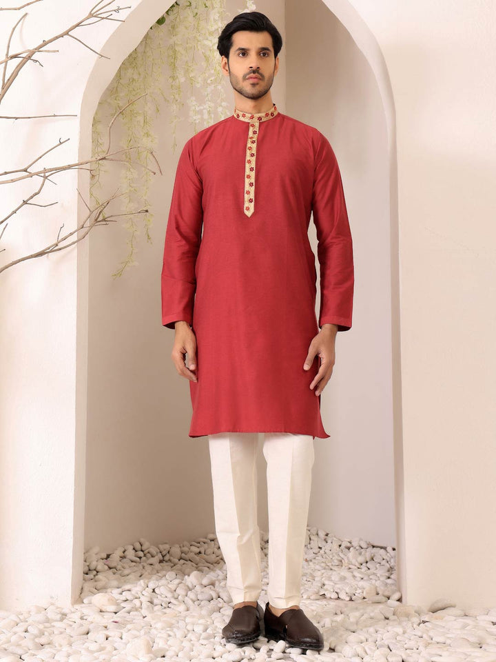 Red Color Delux Cotton Straight Kurta with Embroidered Neck