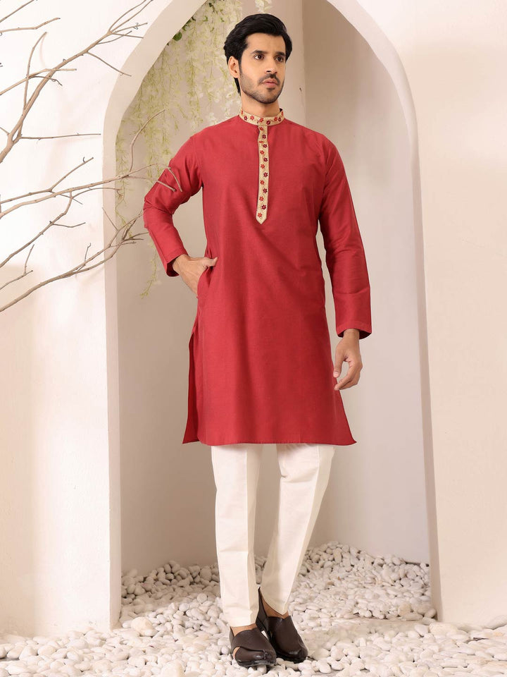 Red Color Delux Cotton Straight Kurta with Embroidered Neck