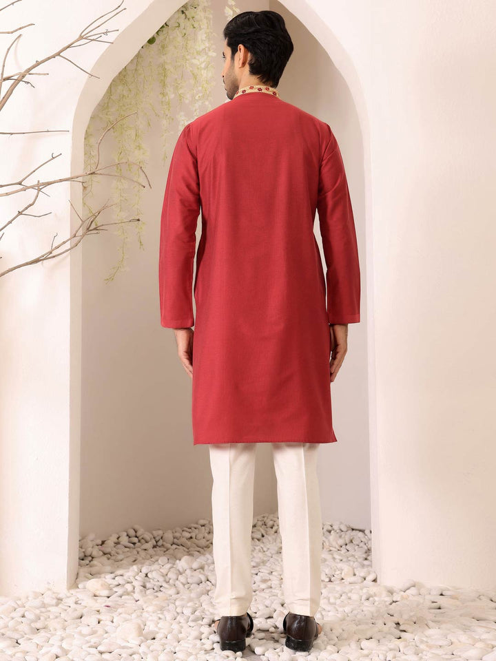 Red Color Delux Cotton Straight Kurta with Embroidered Neck