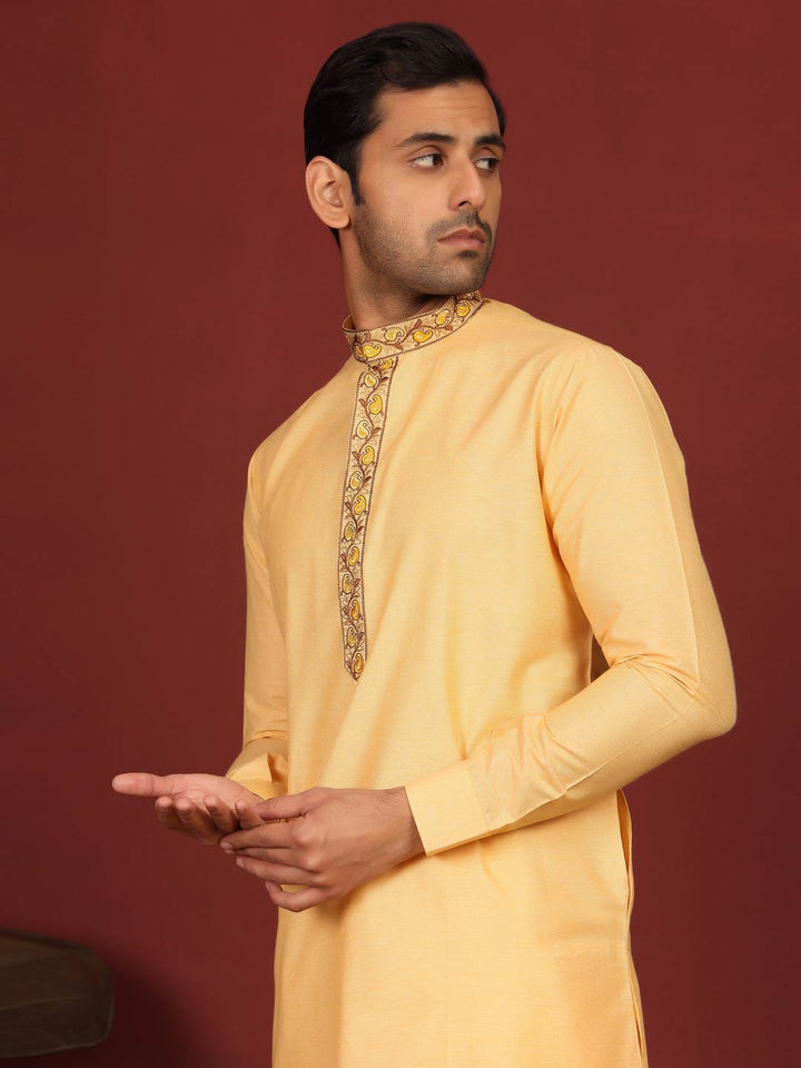 Saffron Delux Cotton Straight Kurta with Embroidered Neck