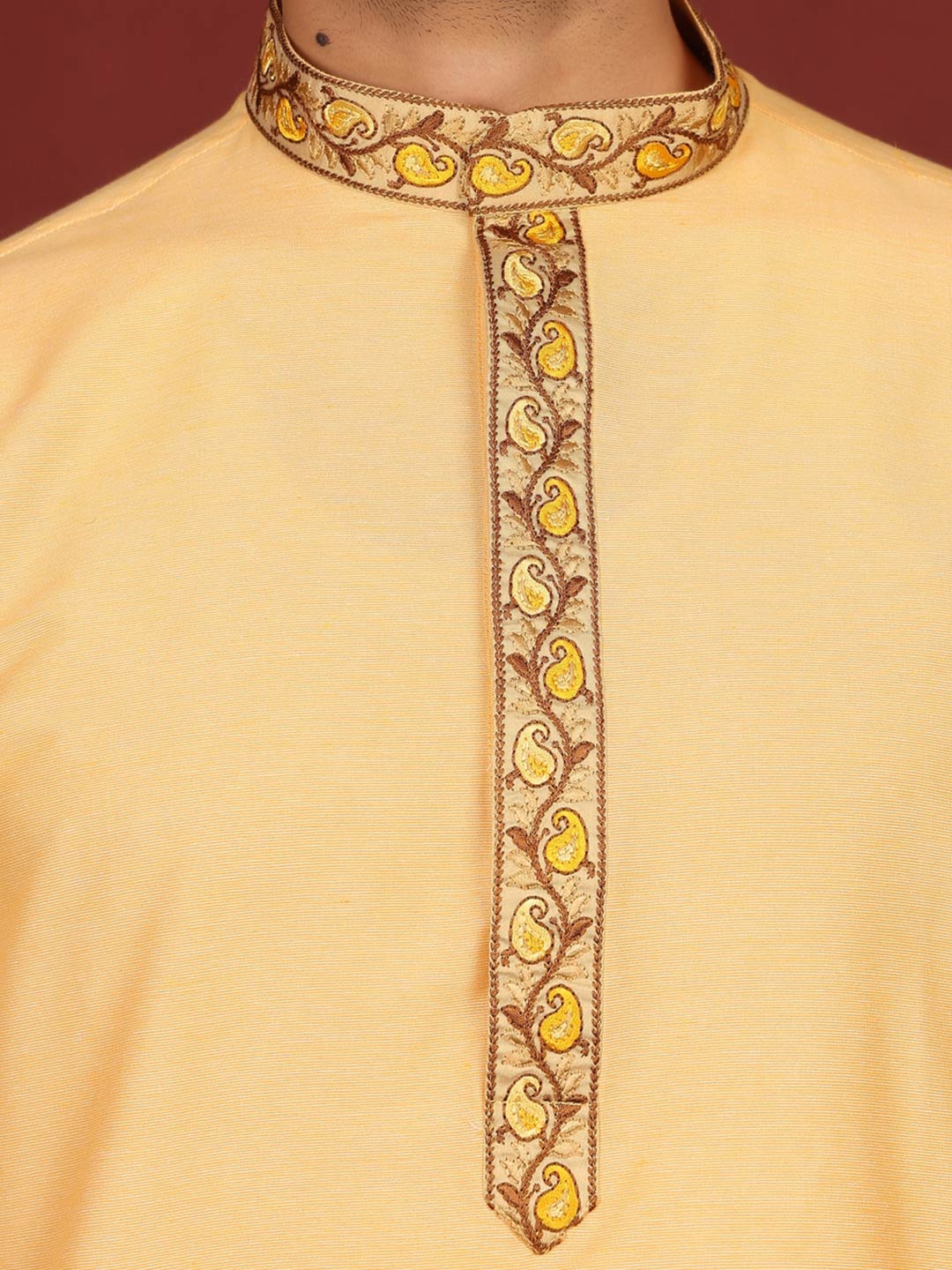 Saffron Delux Cotton Straight Kurta with Embroidered Neck