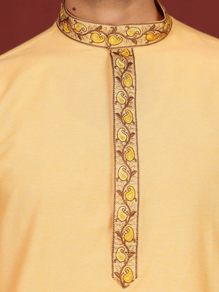 Saffron Delux Cotton Straight Kurta with Embroidered Neck