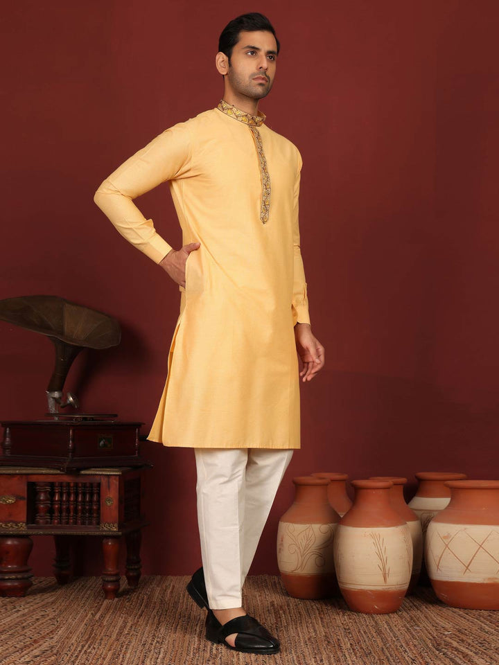Saffron Delux Cotton Straight Kurta with Embroidered Neck