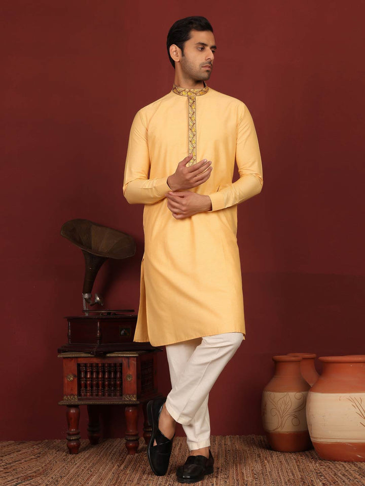 Saffron Delux Cotton Straight Kurta with Embroidered Neck
