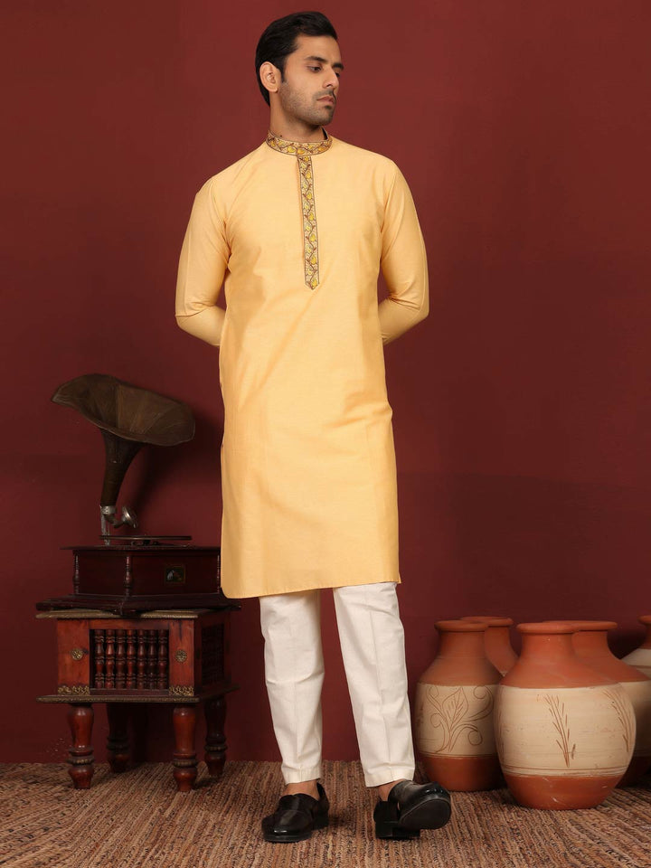 Saffron Delux Cotton Straight Kurta with Embroidered Neck