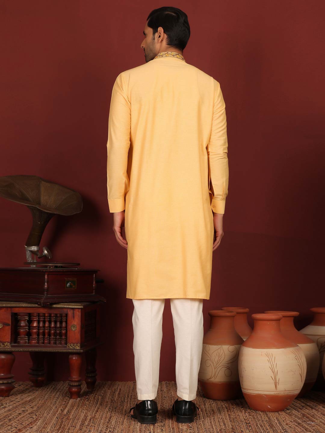 Saffron Delux Cotton Straight Kurta with Embroidered Neck