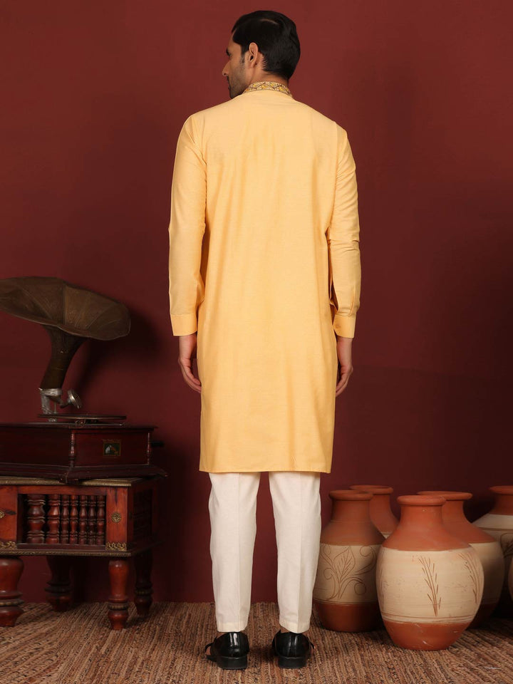 Saffron Delux Cotton Straight Kurta with Embroidered Neck