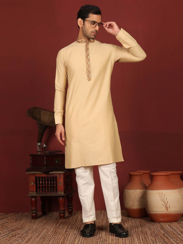 Light Beige Delux Cotton Straight Kurta with Embroidered Neck