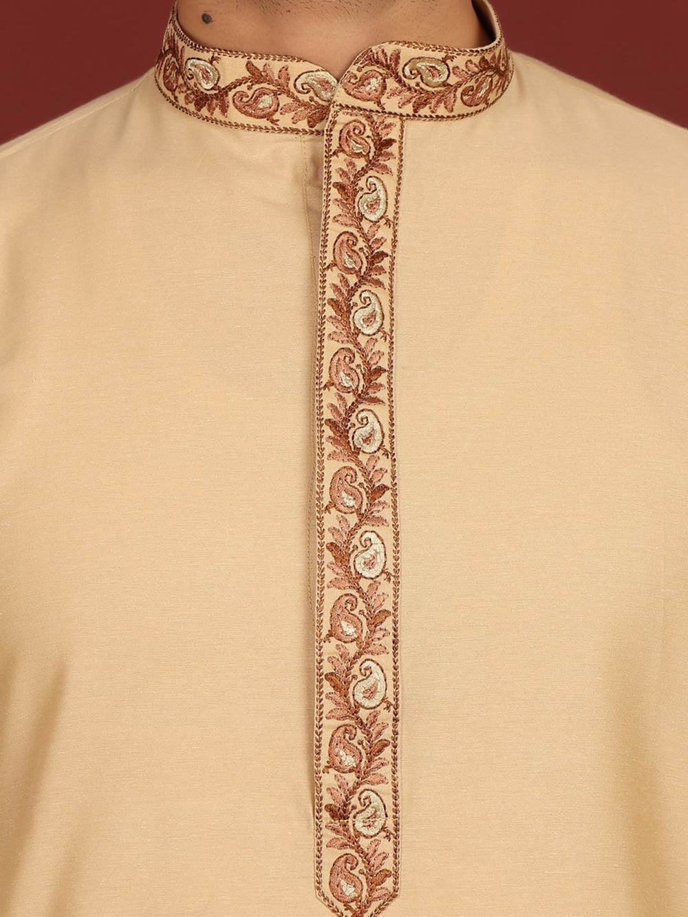 Light Beige Delux Cotton Straight Kurta with Embroidered Neck – Beige