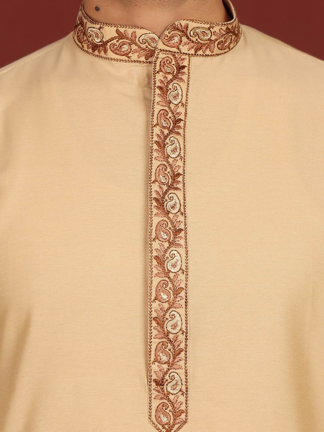 Light Beige Delux Cotton Straight Kurta with Embroidered Neck
