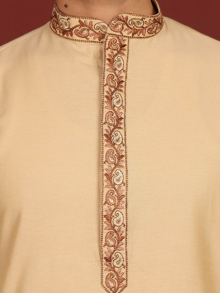 Light Beige Delux Cotton Straight Kurta with Embroidered Neck