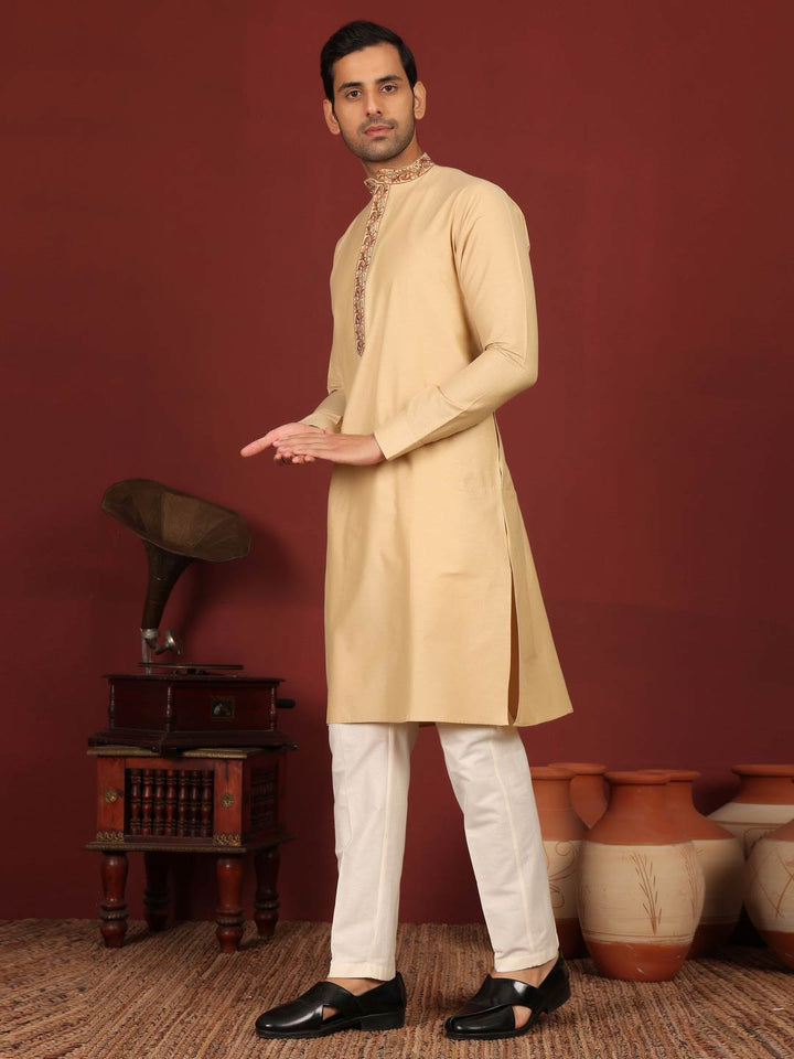 Light Beige Delux Cotton Straight Kurta with Embroidered Neck