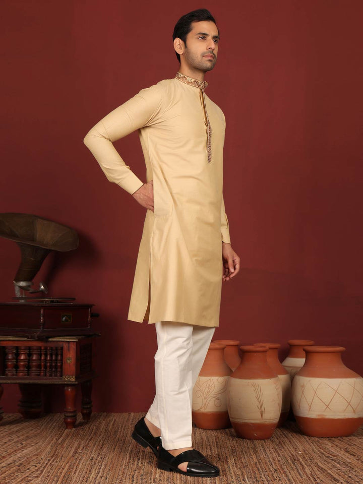 Light Beige Delux Cotton Straight Kurta with Embroidered Neck