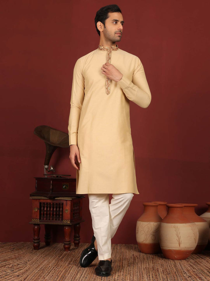 Light Beige Delux Cotton Straight Kurta with Embroidered Neck