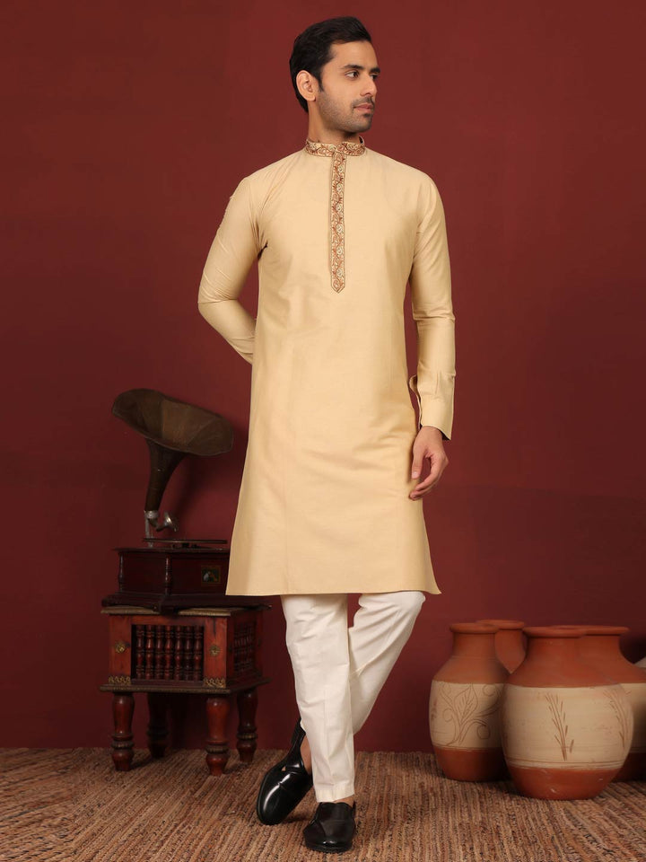 Light Beige Delux Cotton Straight Kurta with Embroidered Neck