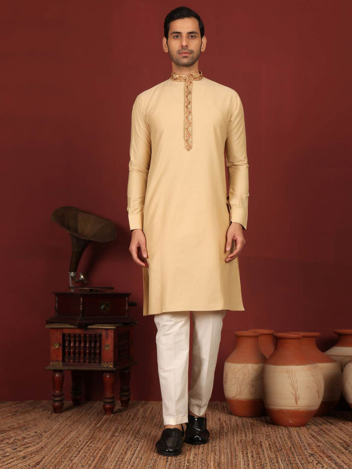 Light Beige Delux Cotton Straight Kurta with Embroidered Neck