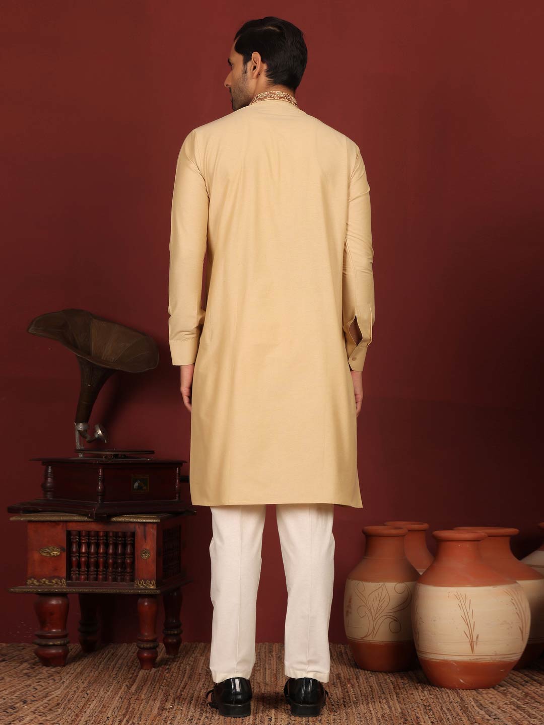 Light Beige Delux Cotton Straight Kurta with Embroidered Neck