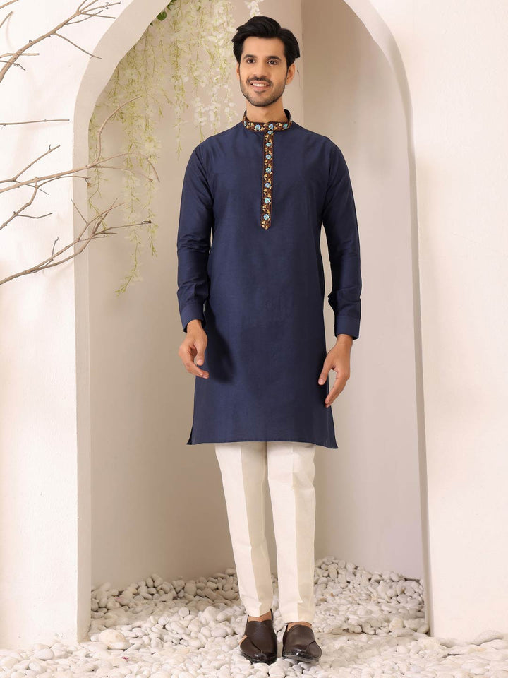 Navy Blue Delux Cotton Straight Kurta with Embroidered Neck