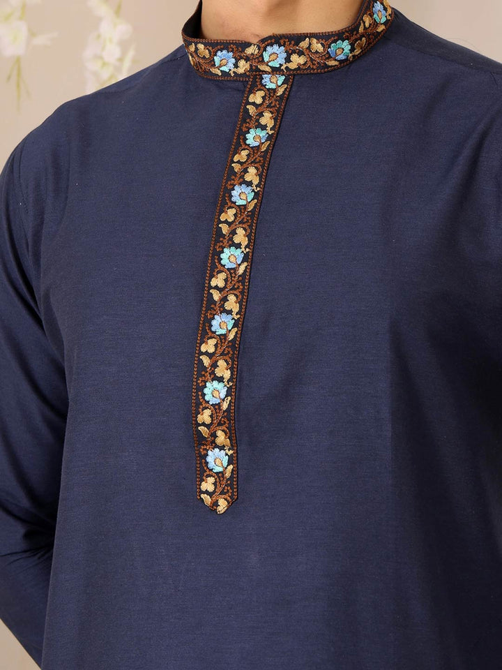 Navy Blue Delux Cotton Straight Kurta with Embroidered Neck