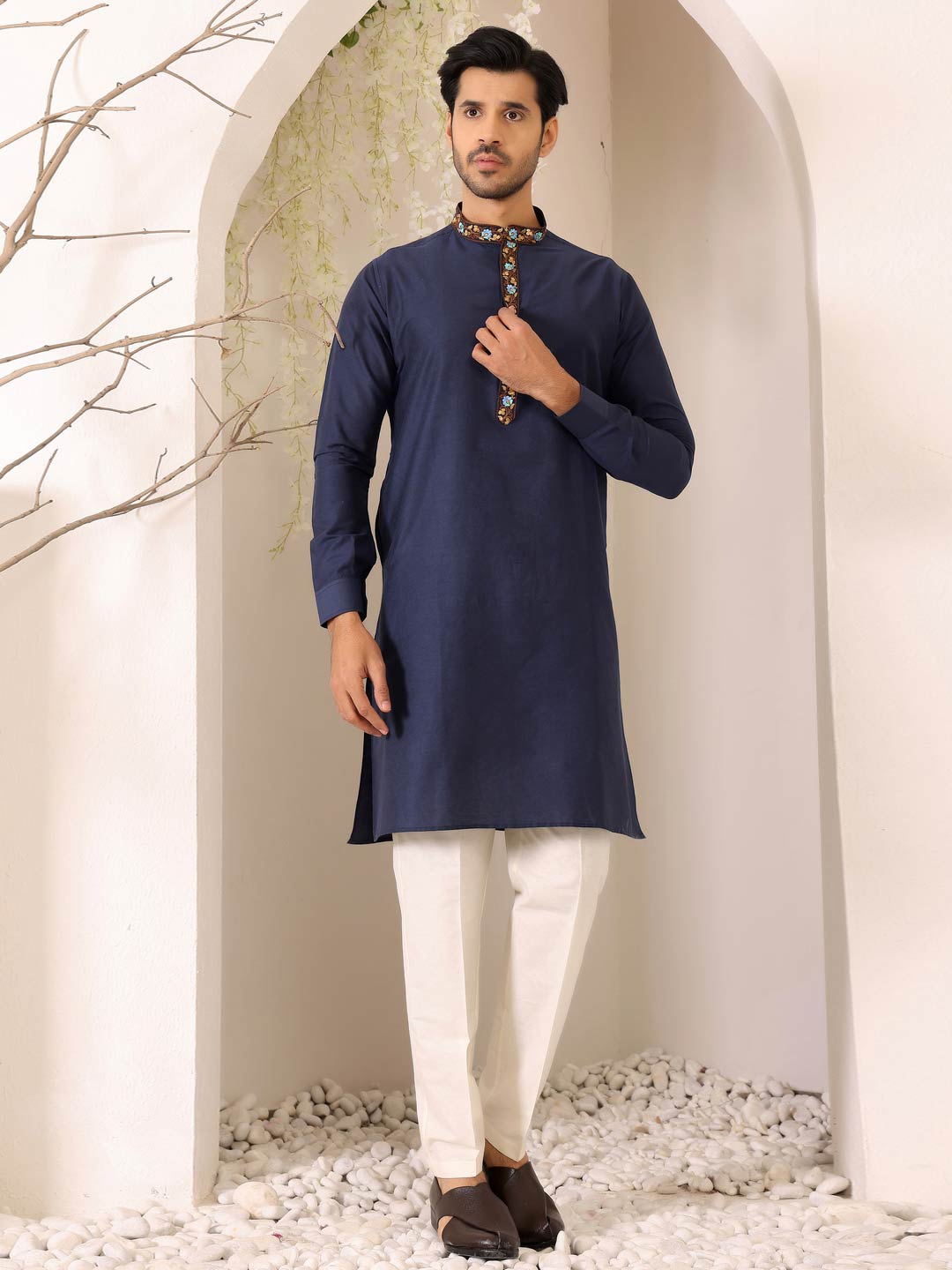 Navy Blue Delux Cotton Straight Kurta with Embroidered Neck