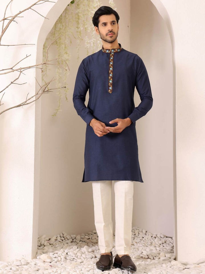 Navy Blue Delux Cotton Straight Kurta with Embroidered Neck