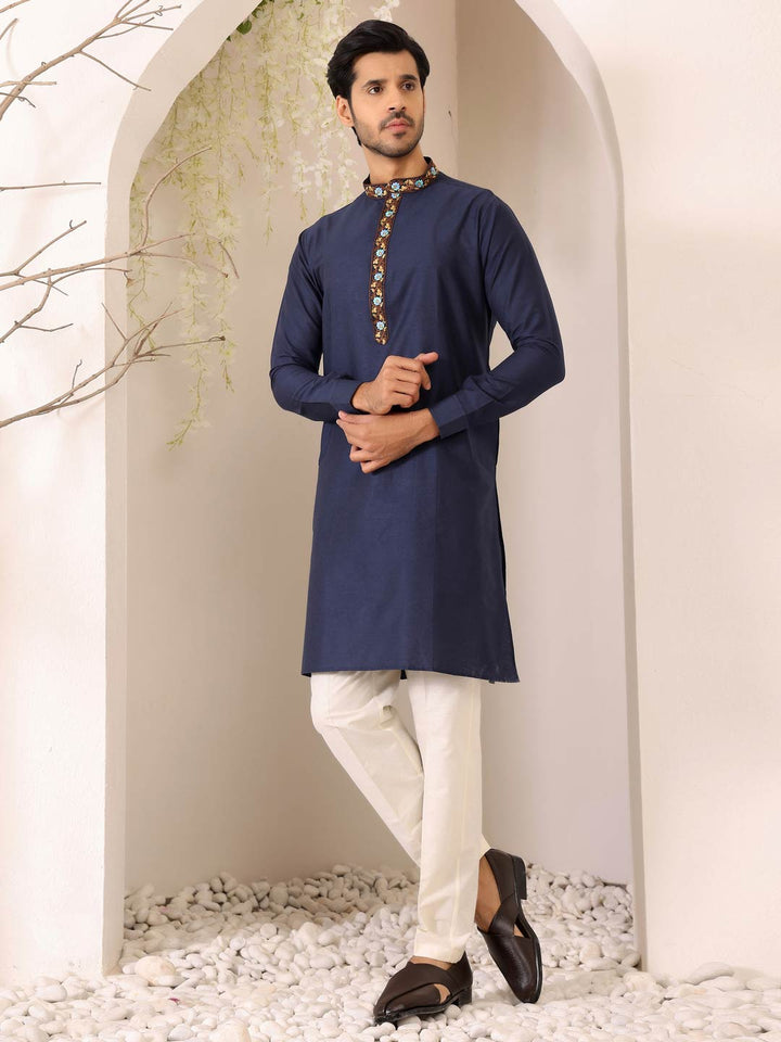 Navy Blue Delux Cotton Straight Kurta with Embroidered Neck