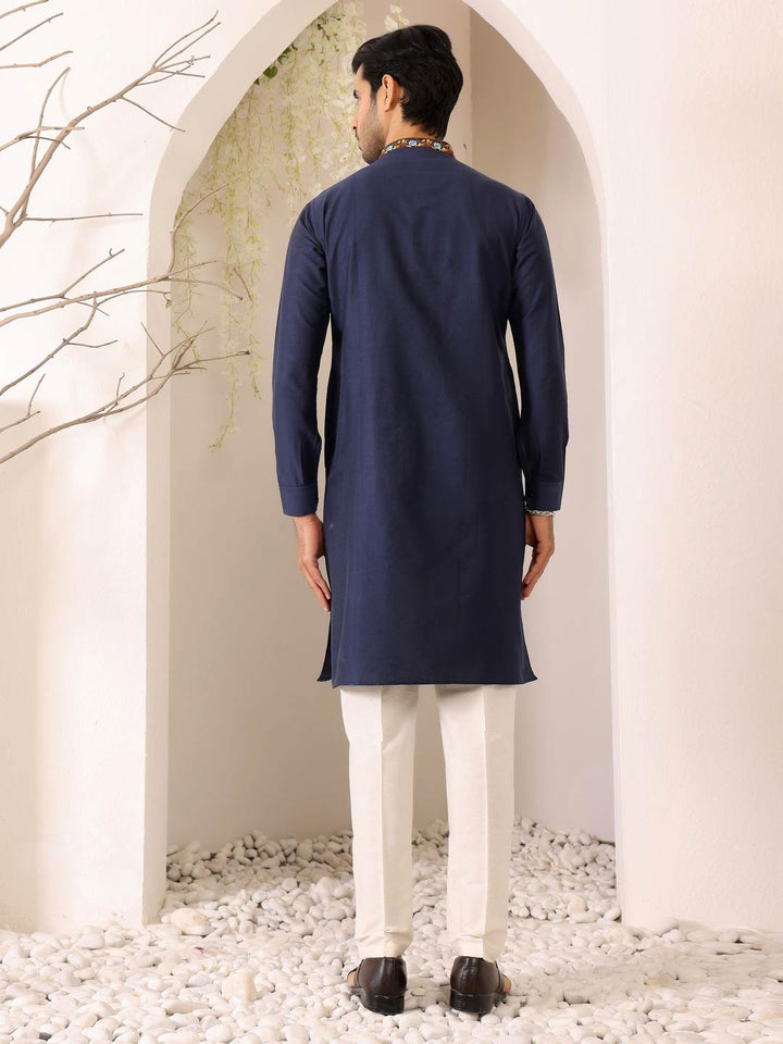 Navy Blue Delux Cotton Straight Kurta with Embroidered Neck