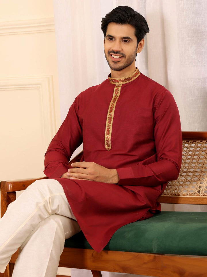 Wine Delux Cotton Straight Kurta with Embroidered Neck