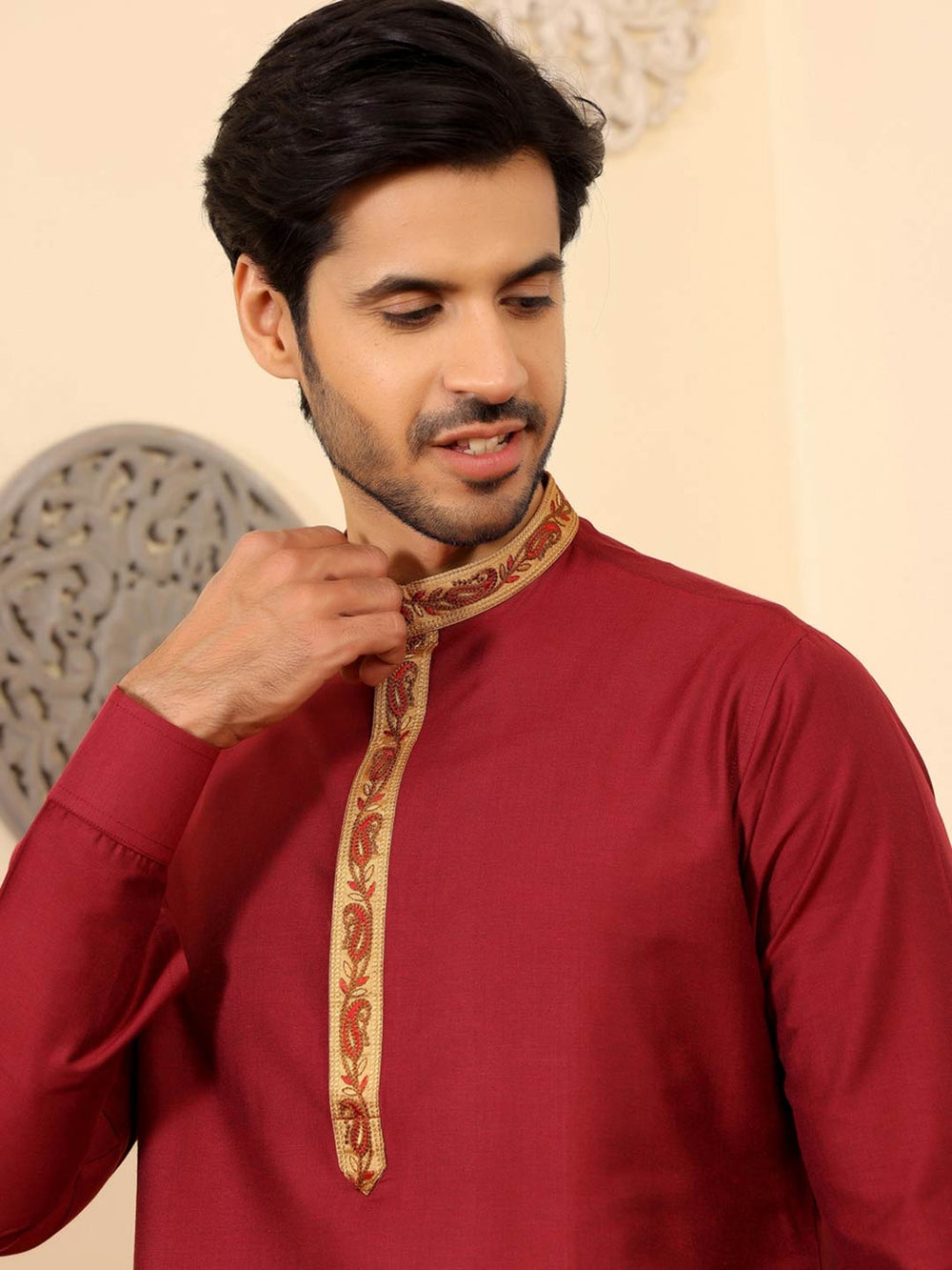 Wine Delux Cotton Straight Kurta with Embroidered Neck – Maroon