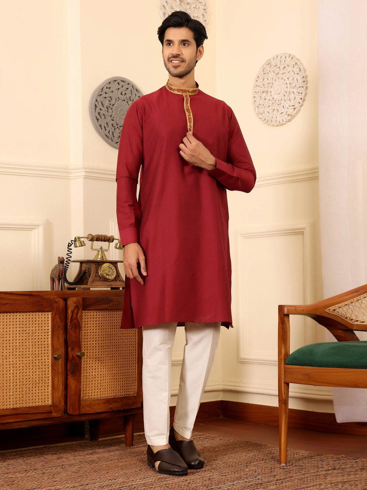 Wine Delux Cotton Straight Kurta with Embroidered Neck