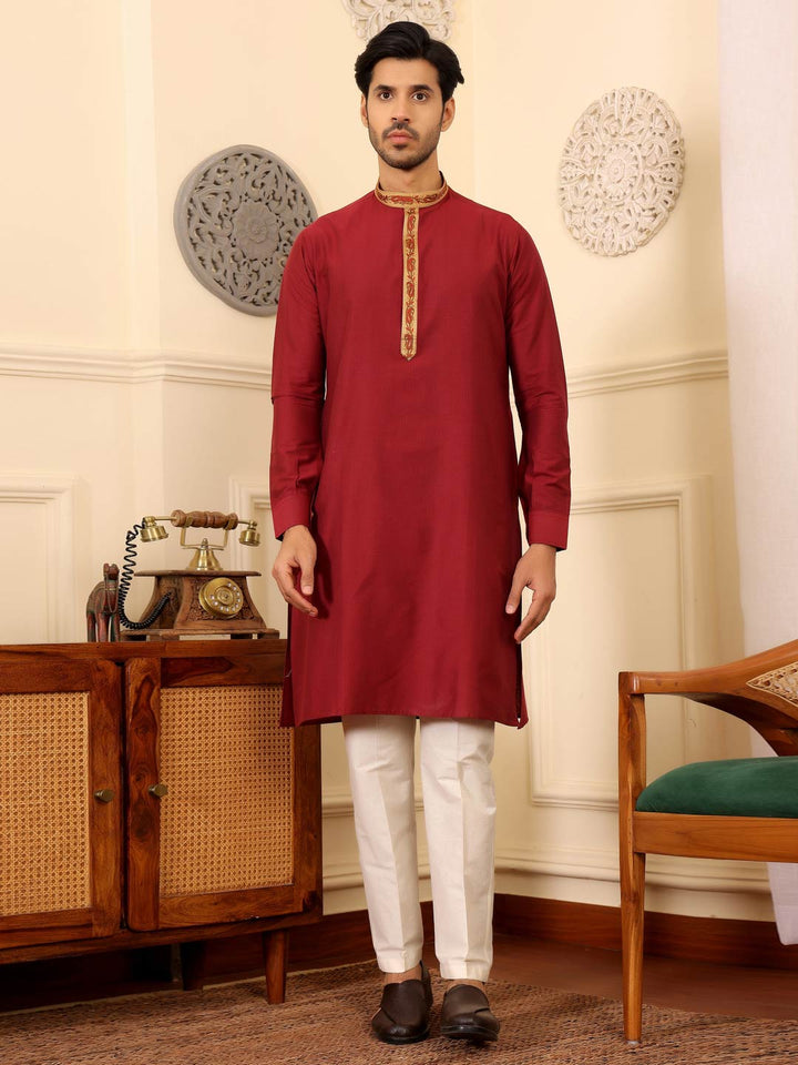 Wine Delux Cotton Straight Kurta with Embroidered Neck