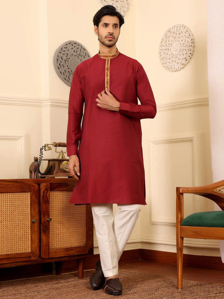 Wine Delux Cotton Straight Kurta with Embroidered Neck