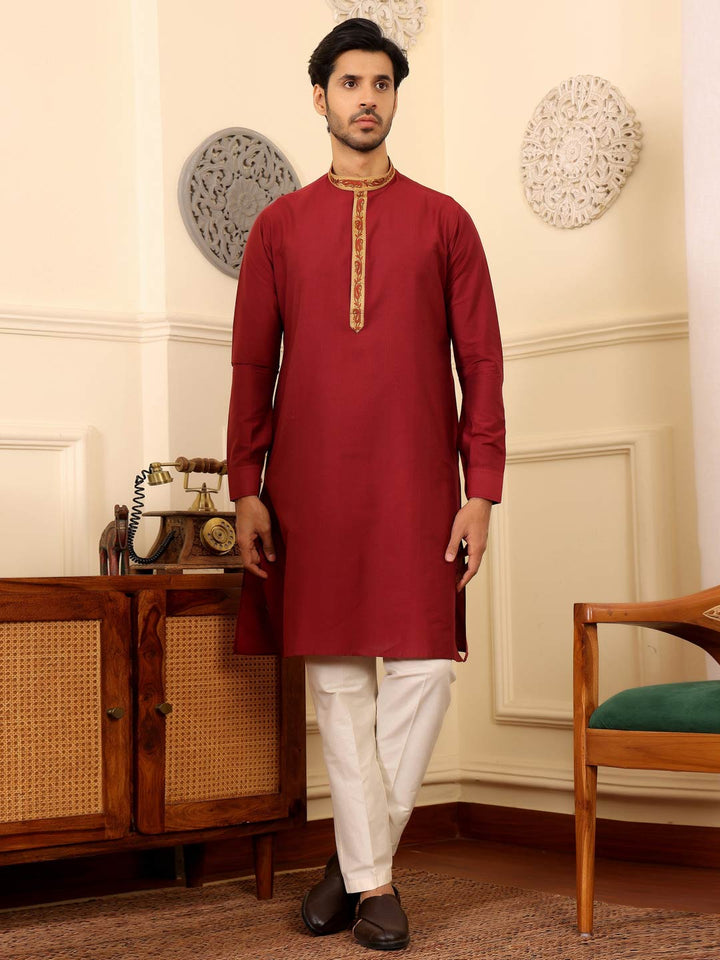 Wine Delux Cotton Straight Kurta with Embroidered Neck
