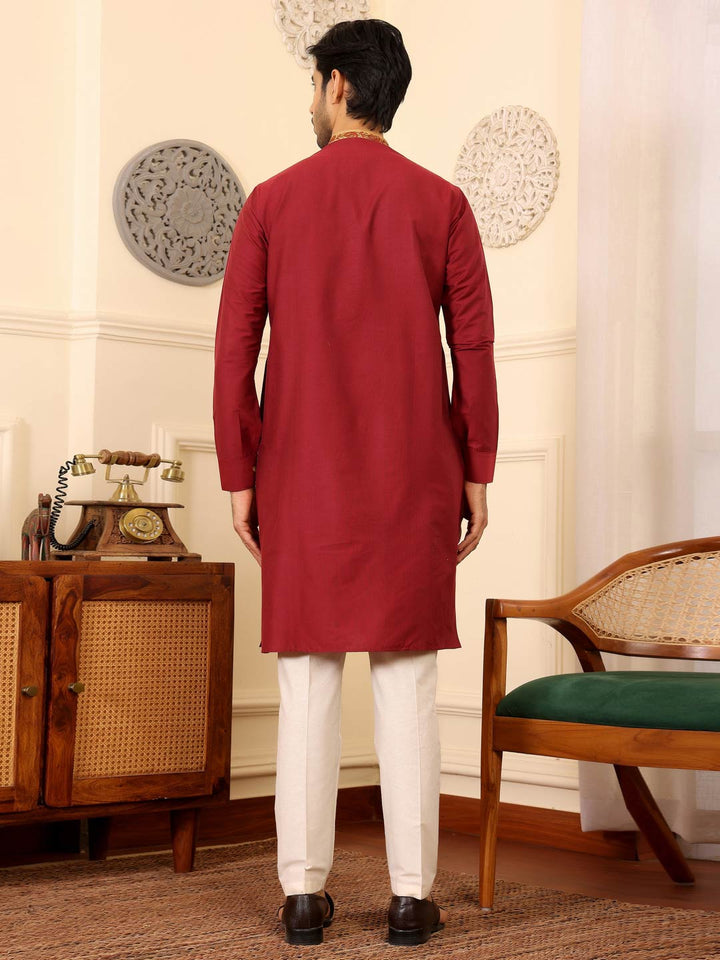 Wine Delux Cotton Straight Kurta with Embroidered Neck