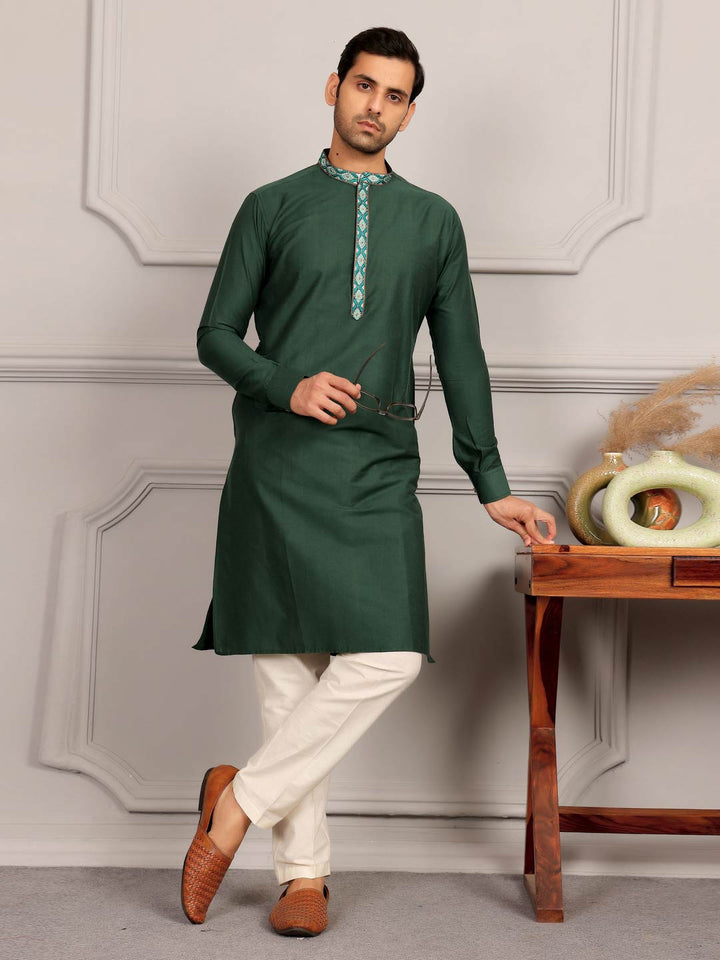 Dark Green Delux Cotton Straight Kurta with Embroidered Neck