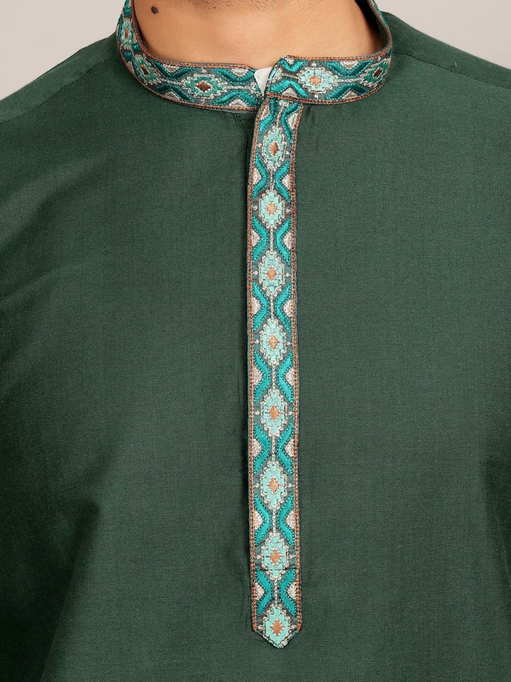 Dark Green Delux Cotton Straight Kurta with Embroidered Neck