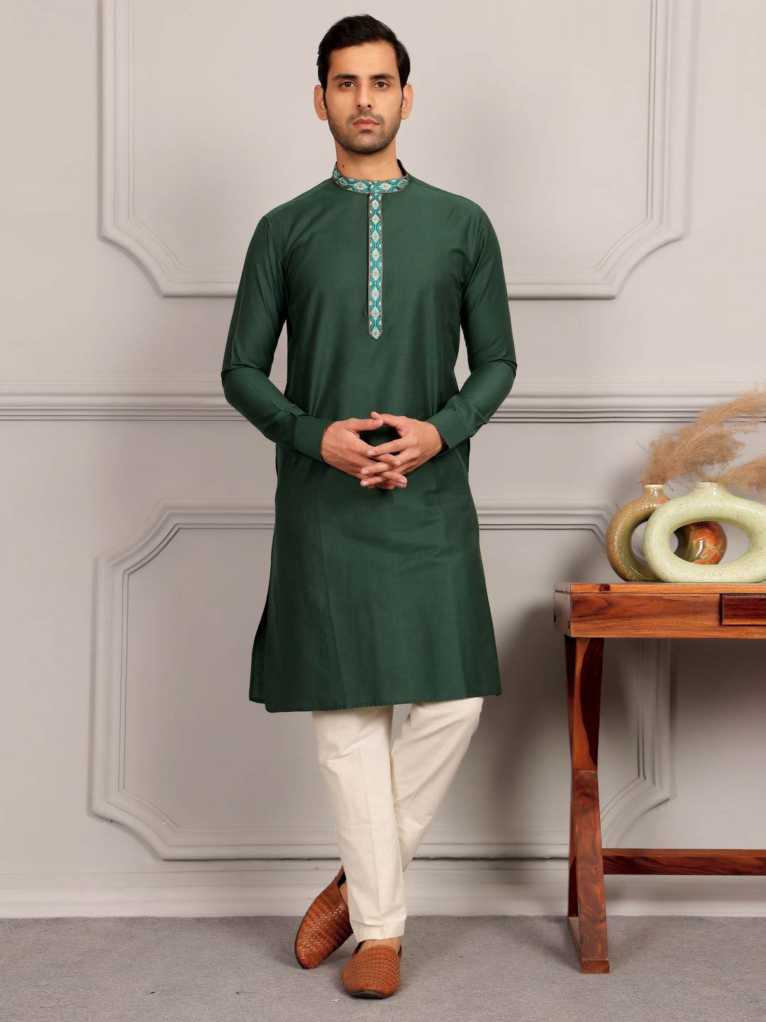 Dark Green Delux Cotton Straight Kurta with Embroidered Neck