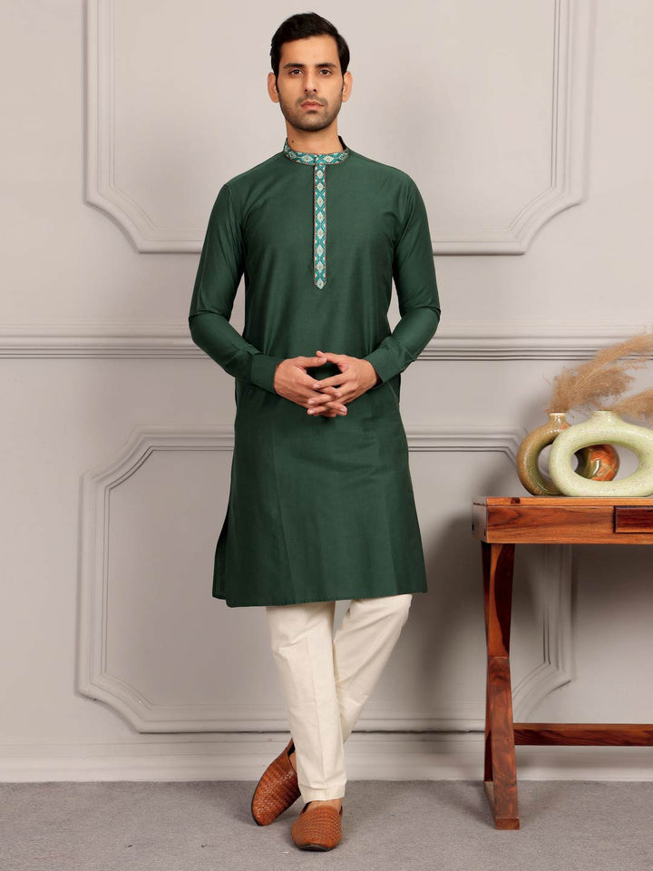 Dark Green Delux Cotton Straight Kurta with Embroidered Neck