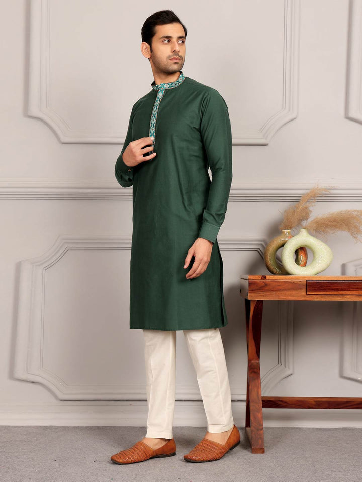 Dark Green Delux Cotton Straight Kurta with Embroidered Neck